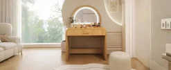 Walker Edison | Natural Reeded Curve Design Makeup Vanity Desk with Mirror