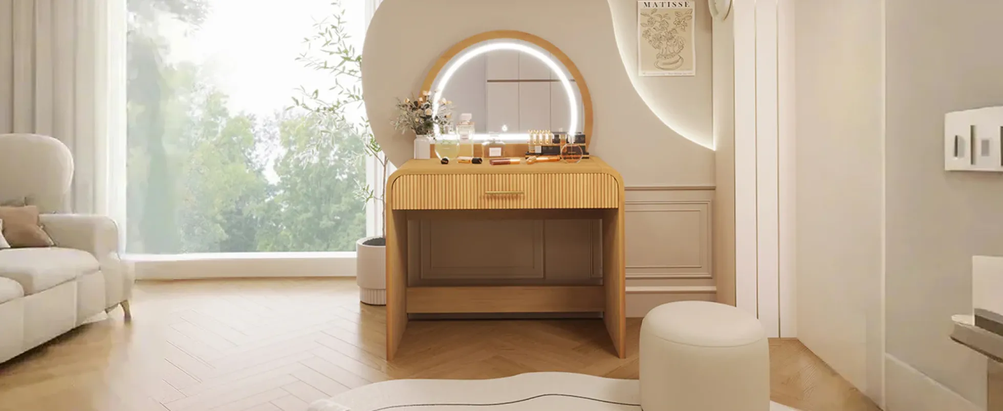Walker Edison | Natural Reeded Curve Design Makeup Vanity Desk with Mirror