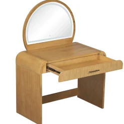 Walker Edison | Natural Reeded Curve Design Makeup Vanity Desk with Mirror