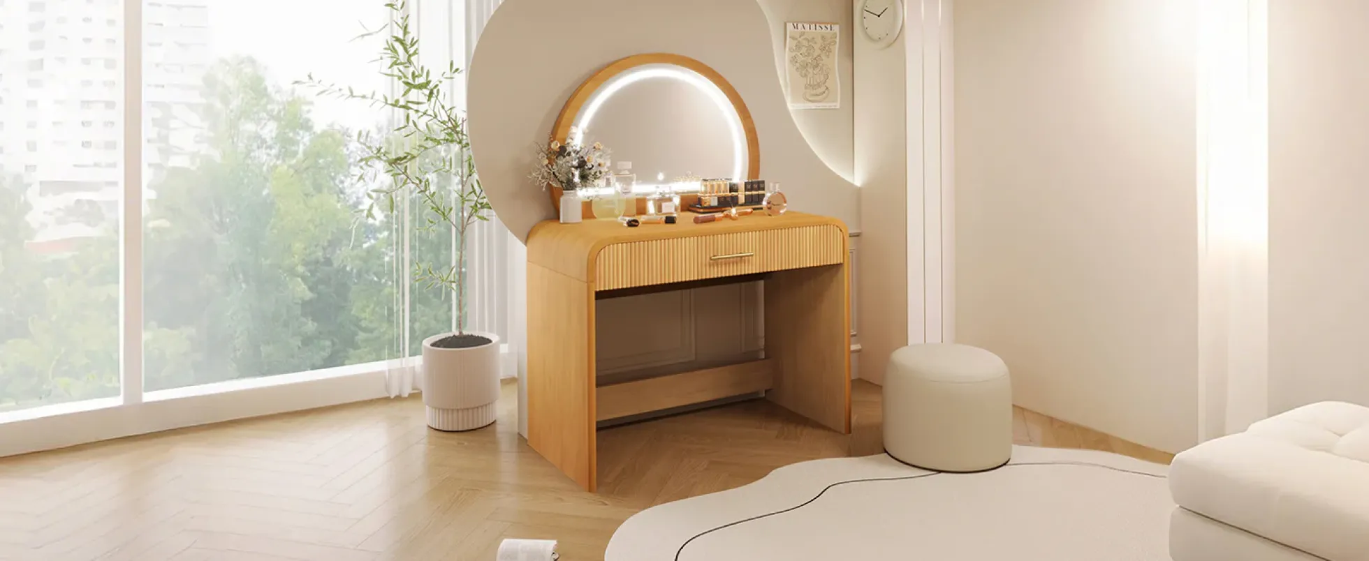 Walker Edison | Natural Reeded Curve Design Makeup Vanity Desk with Mirror