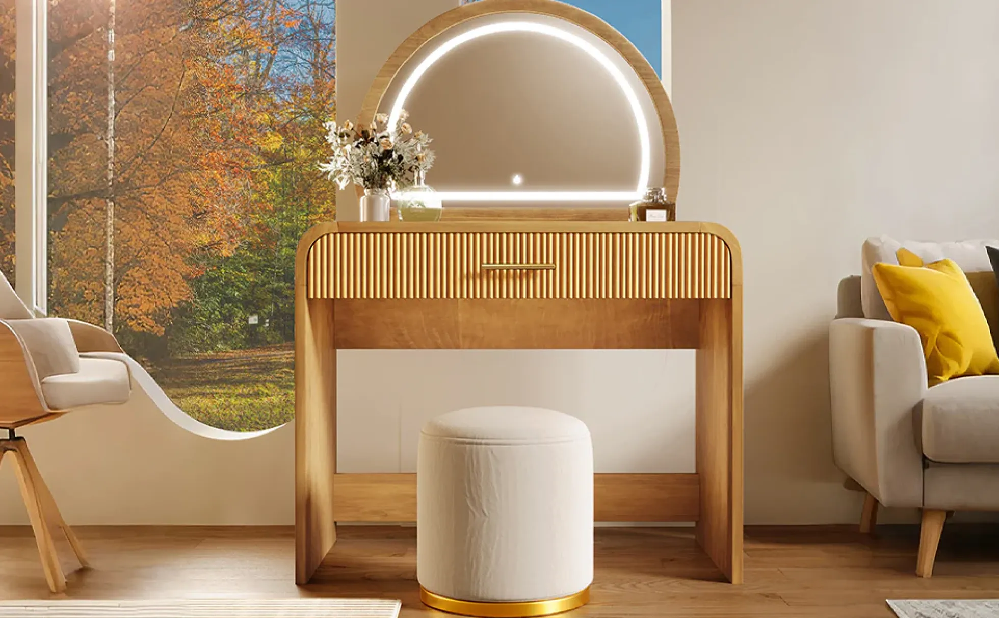 Walker Edison | Natural Reeded Curve Design Makeup Vanity Desk with Mirror