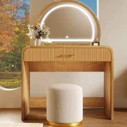 Walker Edison | Natural Reeded Curve Design Makeup Vanity Desk with Mirror