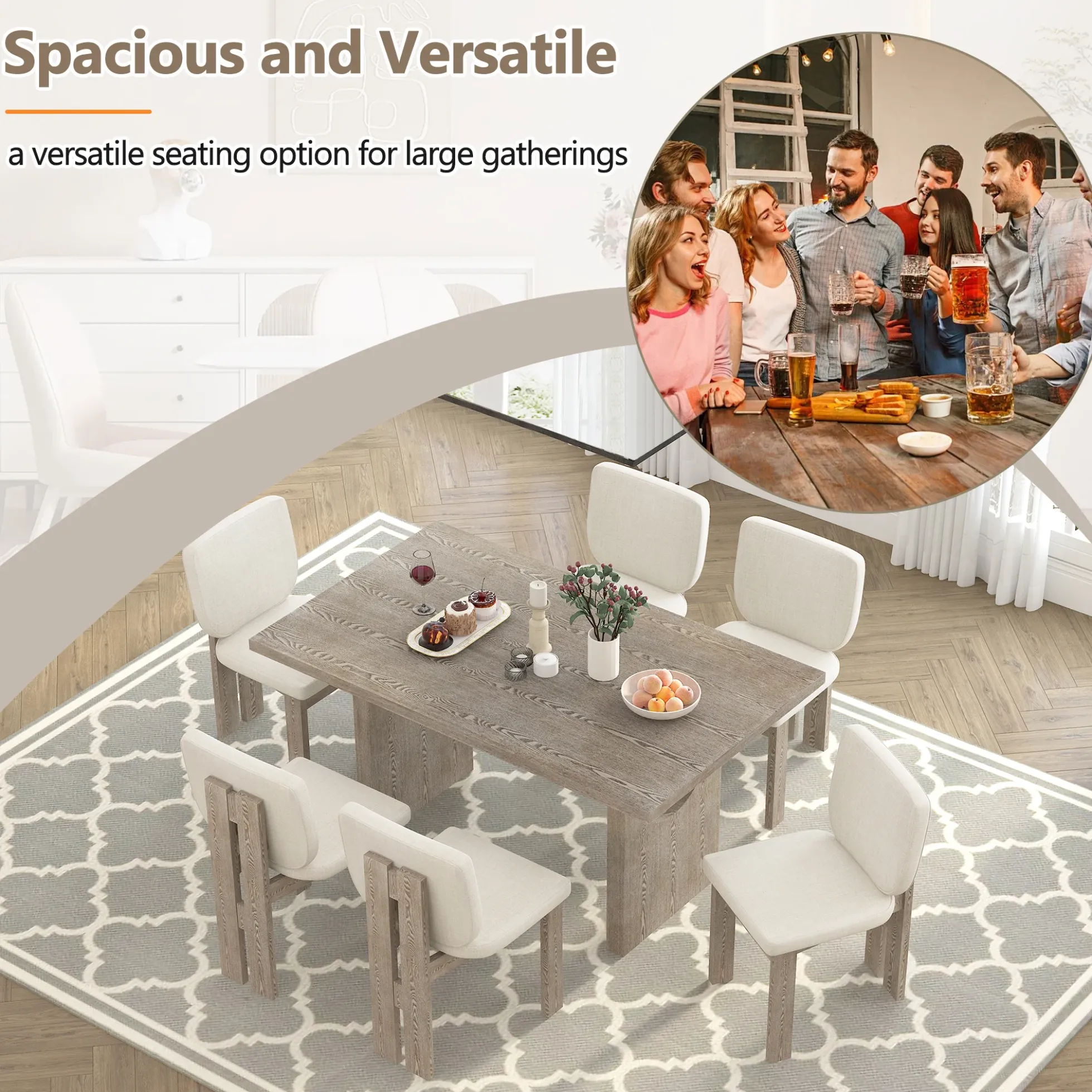 Walker Edison | Natural Wood Wash 7-Piece Retro Dining Set with 6 Upholstered Chairs