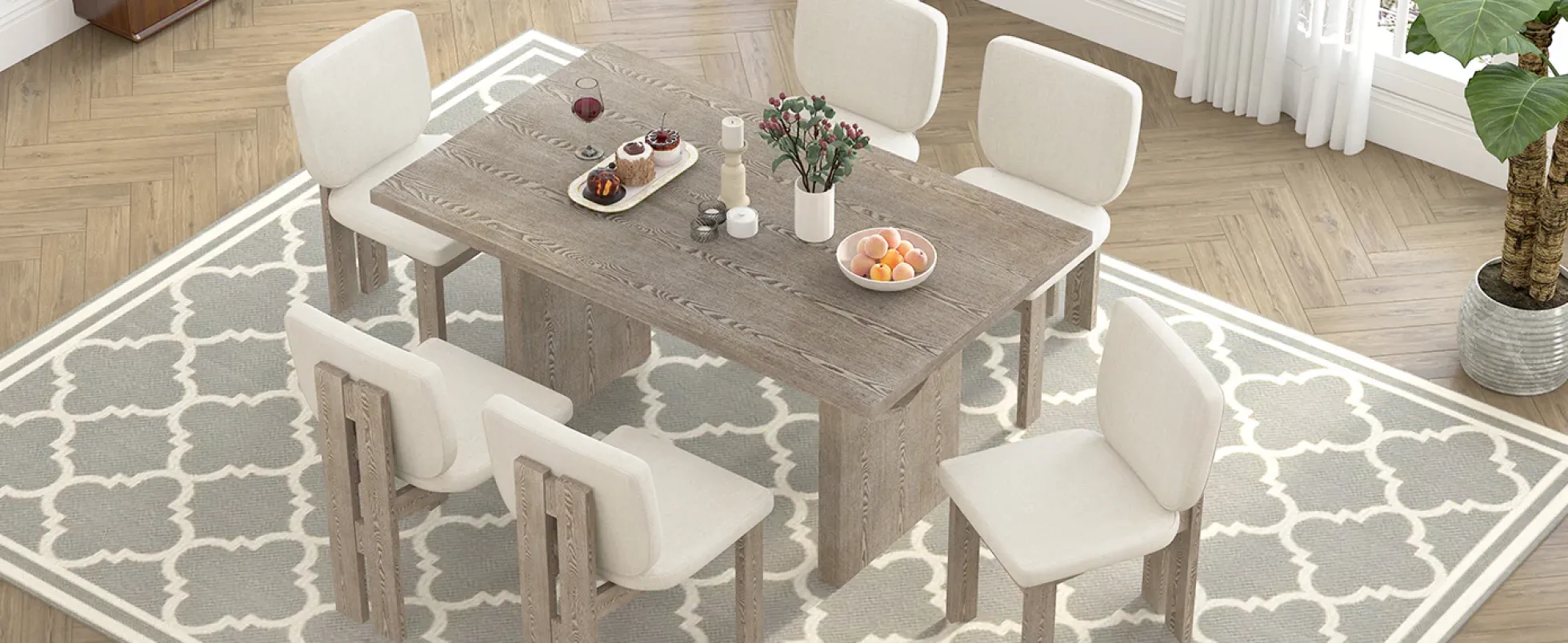 Walker Edison | Natural Wood Wash 7-Piece Retro Dining Set with 6 Upholstered Chairs