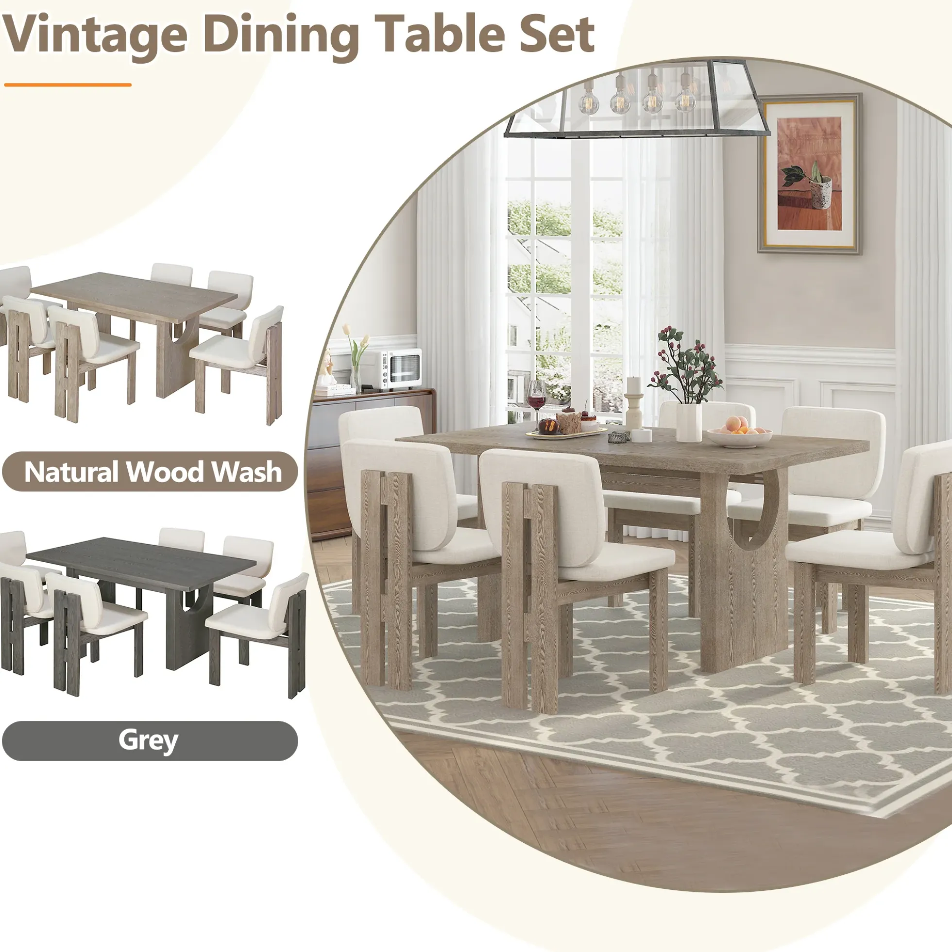 Walker Edison | Natural Wood Wash 7-Piece Retro Dining Set with 6 Upholstered Chairs