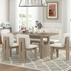 Walker Edison | Natural Wood Wash 7-Piece Retro Dining Set with 6 Upholstered Chairs