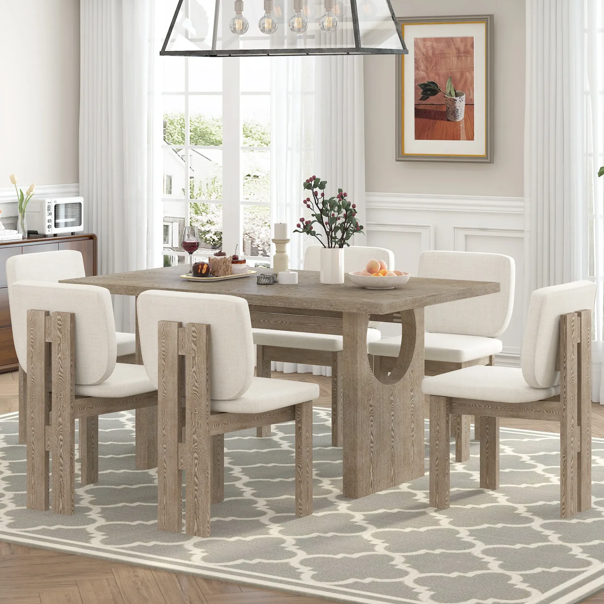 Walker Edison | Natural Wood Wash 7-Piece Retro Dining Set with 6 Upholstered Chairs