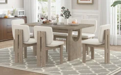 Walker Edison | Natural Wood Wash 7-Piece Retro Dining Set with 6 Upholstered Chairs