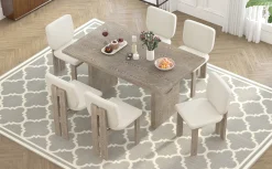 Walker Edison | Natural Wood Wash 7-Piece Retro Dining Set with 6 Upholstered Chairs