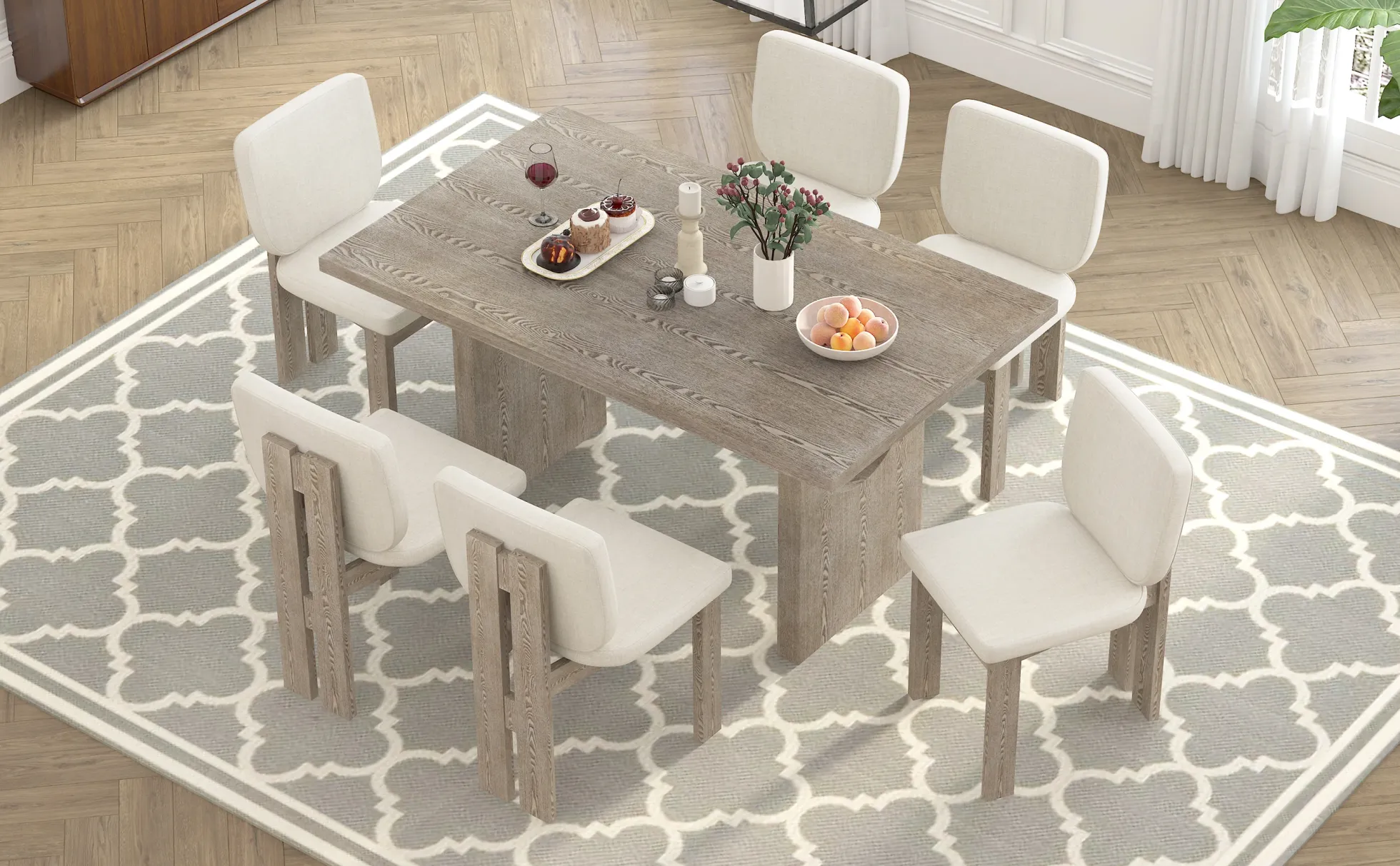 Walker Edison | Natural Wood Wash 7-Piece Retro Dining Set with 6 Upholstered Chairs