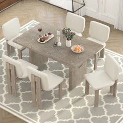 Walker Edison | Natural Wood Wash 7-Piece Retro Dining Set with 6 Upholstered Chairs