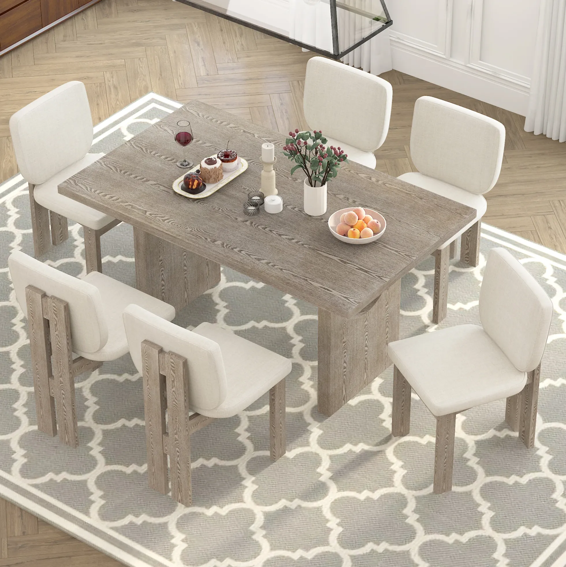Walker Edison | Natural Wood Wash 7-Piece Retro Dining Set with 6 Upholstered Chairs