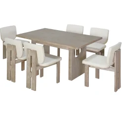 Walker Edison | Natural Wood Wash 7-Piece Retro Dining Set with 6 Upholstered Chairs