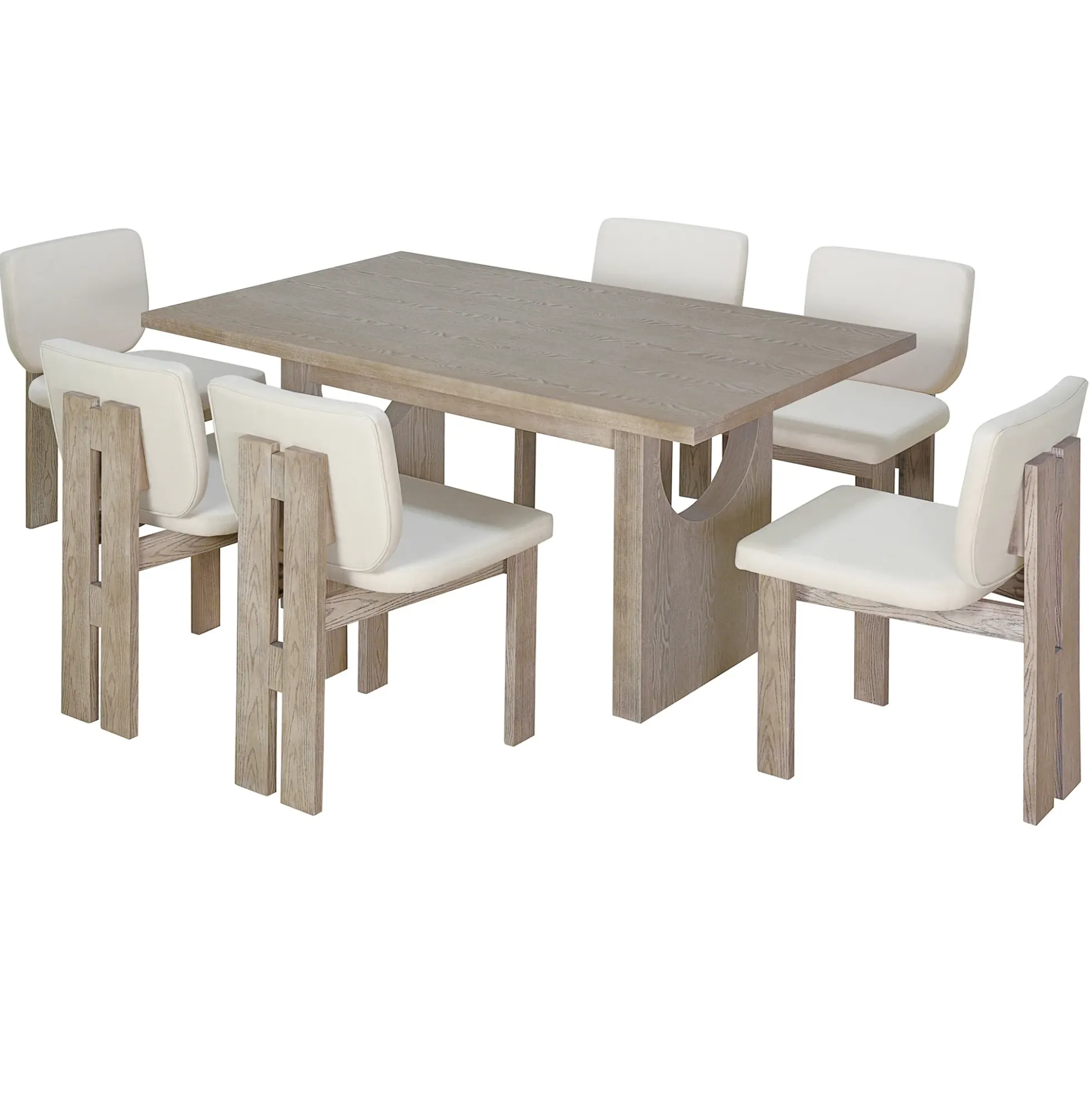 Walker Edison | Natural Wood Wash 7-Piece Retro Dining Set with 6 Upholstered Chairs