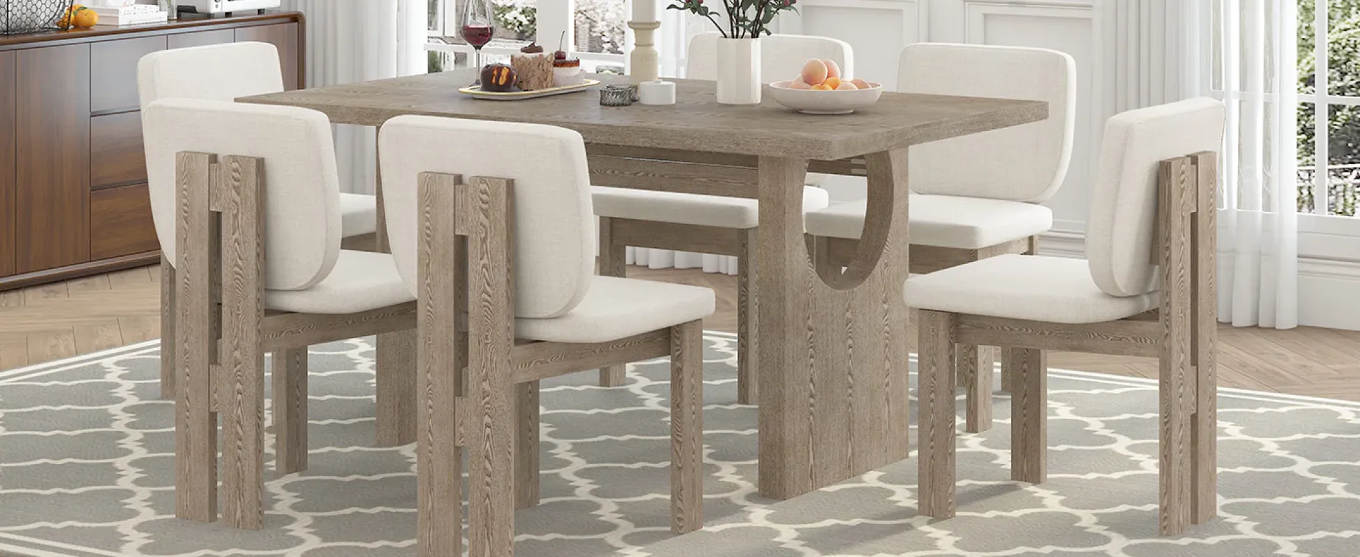 Walker Edison | Natural Wood Wash 7-Piece Retro Dining Set with 6 Upholstered Chairs