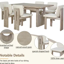 Walker Edison | Natural Wood Wash 7-Piece Retro Dining Set with 6 Upholstered Chairs