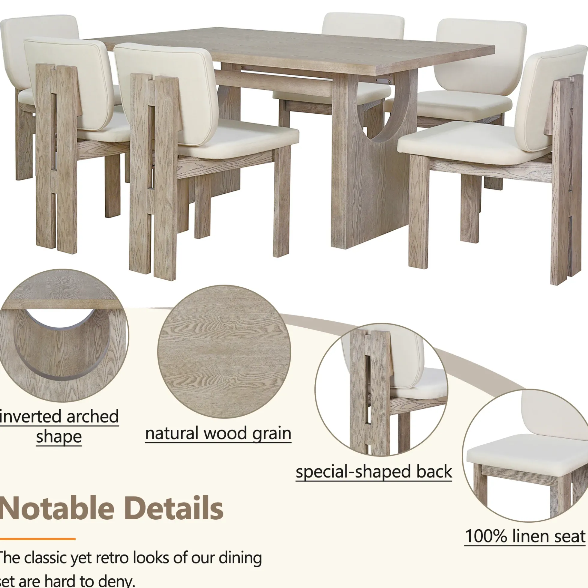 Walker Edison | Natural Wood Wash 7-Piece Retro Dining Set with 6 Upholstered Chairs