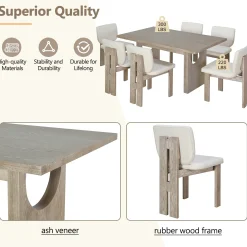 Walker Edison | Natural Wood Wash 7-Piece Retro Dining Set with 6 Upholstered Chairs