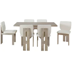 Walker Edison | Natural Wood Wash 7-Piece Retro Dining Set with 6 Upholstered Chairs