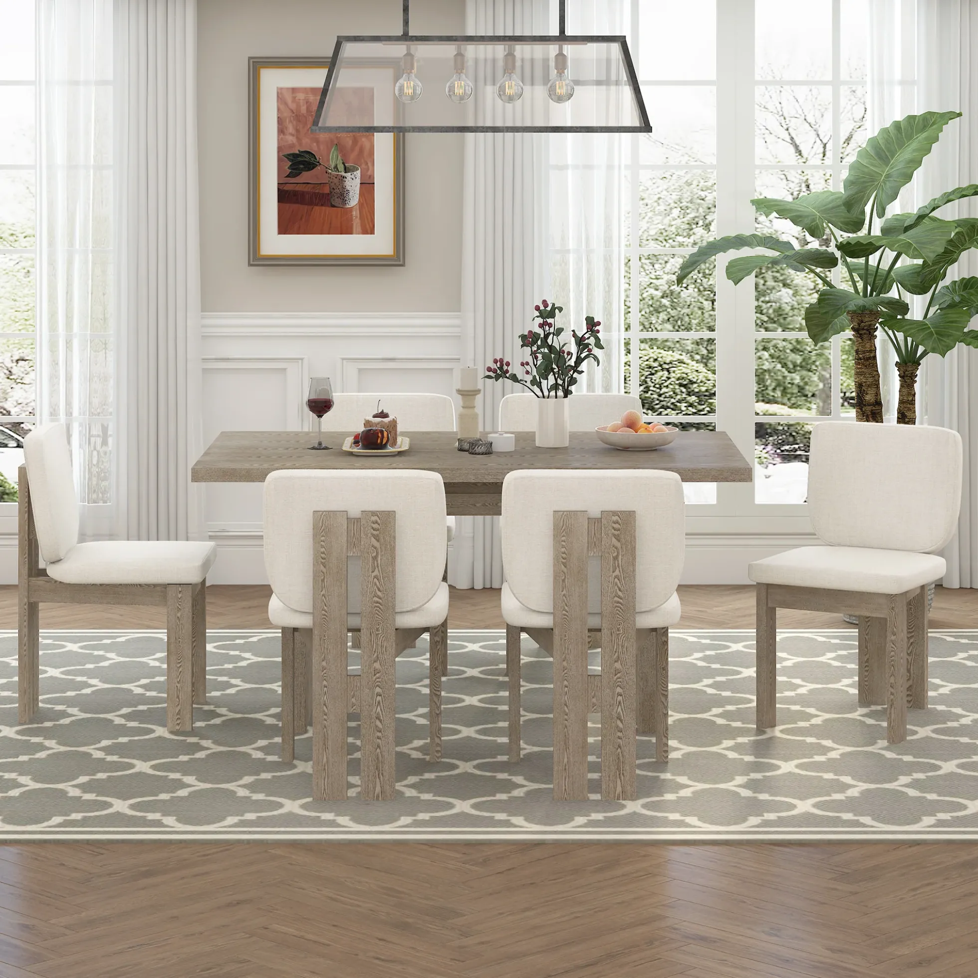 Walker Edison | Natural Wood Wash 7-Piece Retro Dining Set with 6 Upholstered Chairs