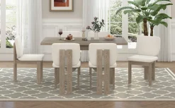 Walker Edison | Natural Wood Wash 7-Piece Retro Dining Set with 6 Upholstered Chairs