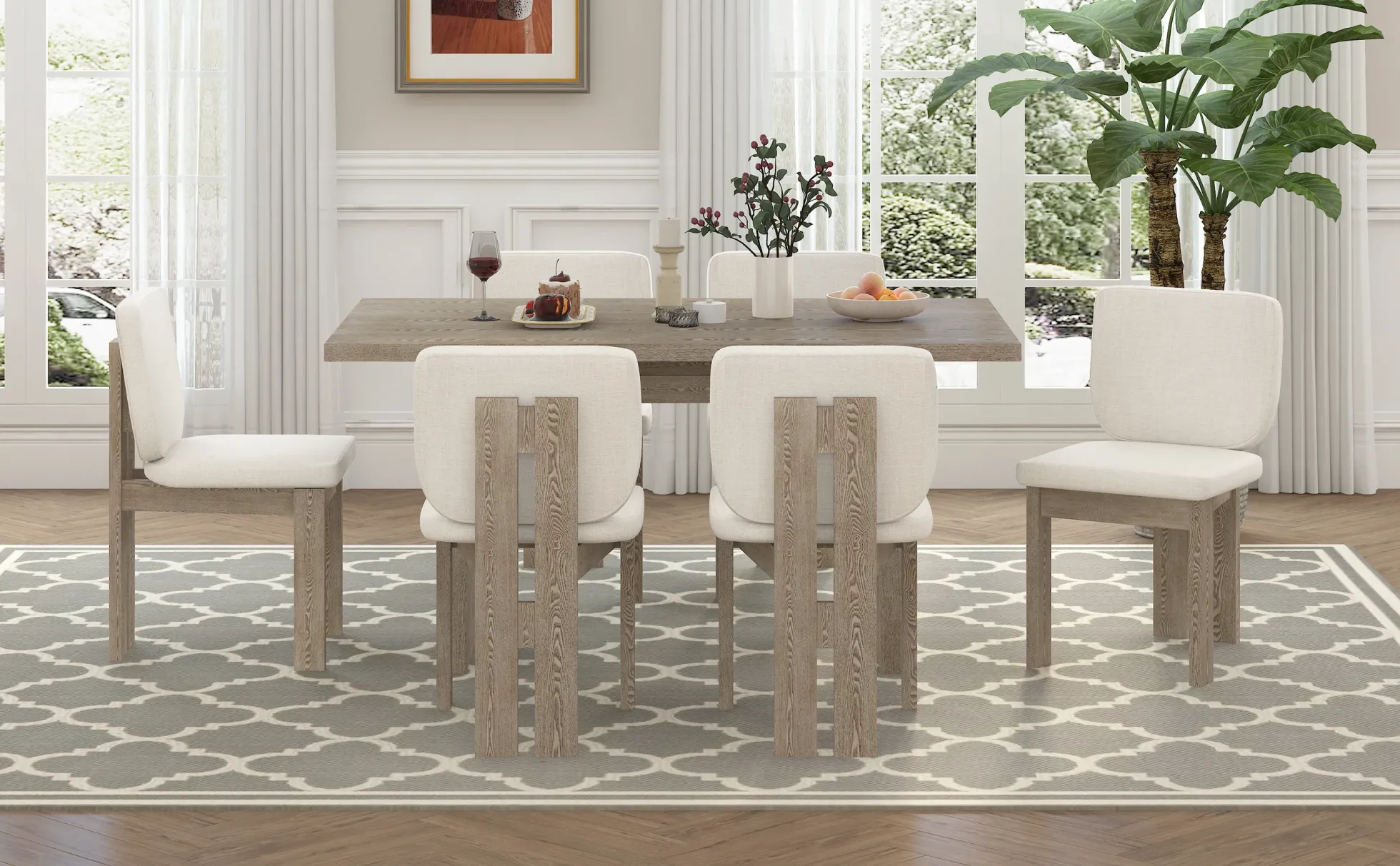 Walker Edison | Natural Wood Wash 7-Piece Retro Dining Set with 6 Upholstered Chairs