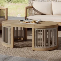 Walker Edison | Outdoor Acacia Wood Oval Coffee Table with Rope