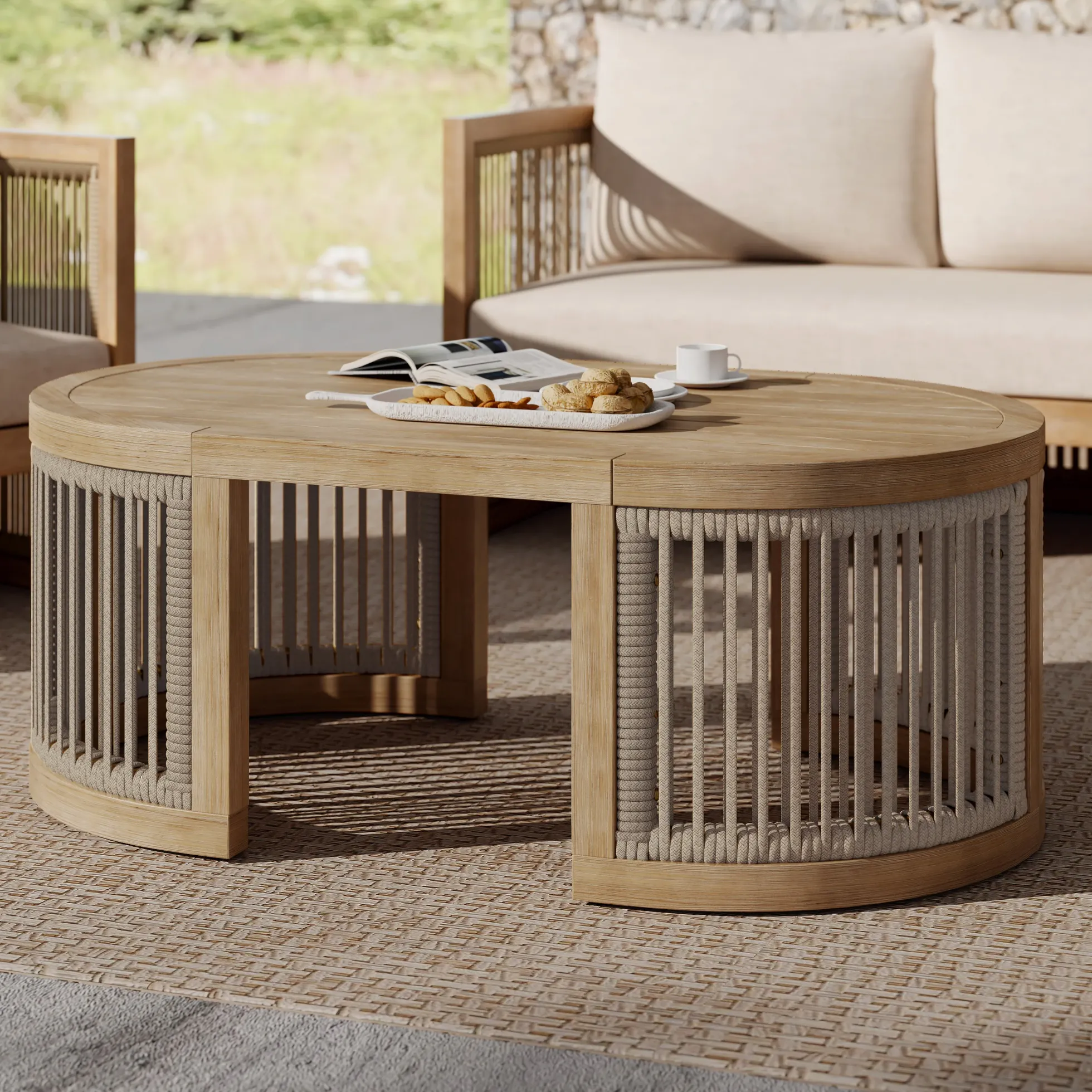 Walker Edison | Outdoor Acacia Wood Oval Coffee Table with Rope