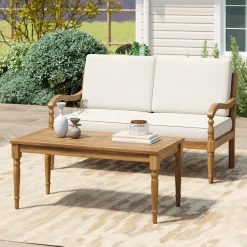 Walker Edison | Outdoor Acacia Wood 2 Piece Loveseat Sofa with Table