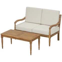 Walker Edison | Outdoor Acacia Wood 2 Piece Loveseat Sofa with Table