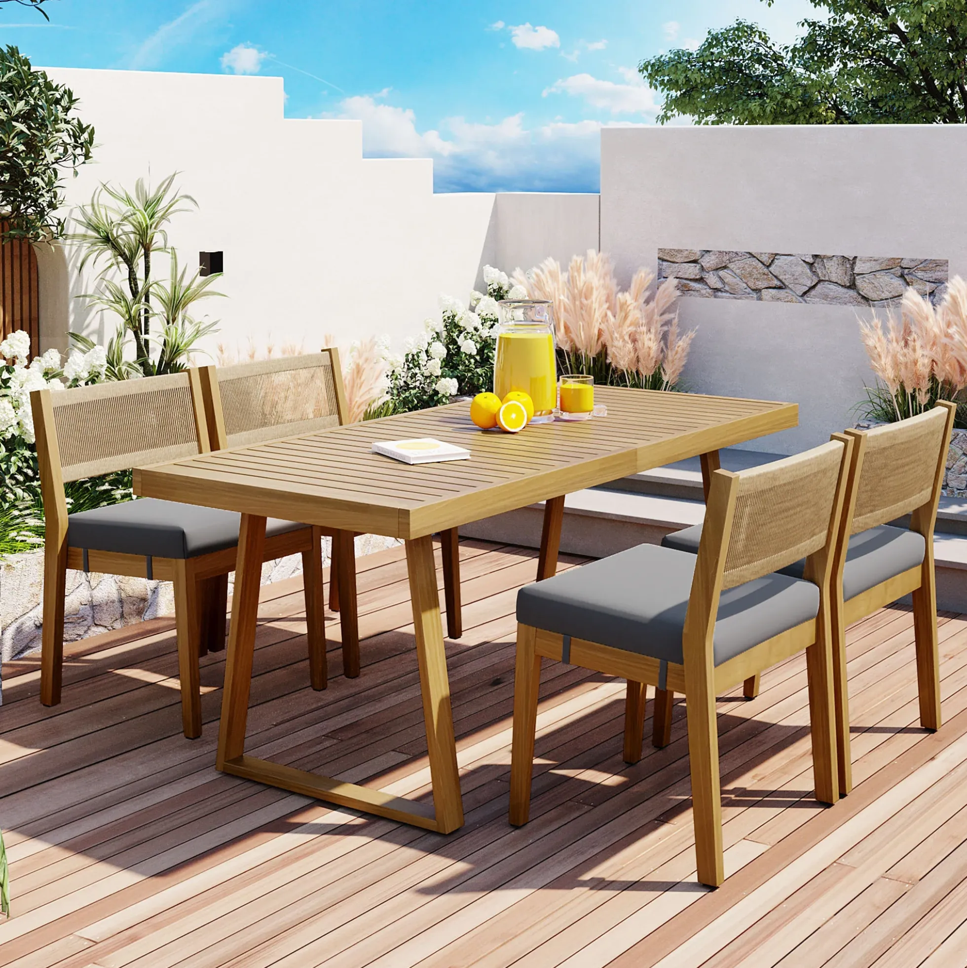 Walker Edison | Outdoor Acacia Wood Dining Table and Chair Set