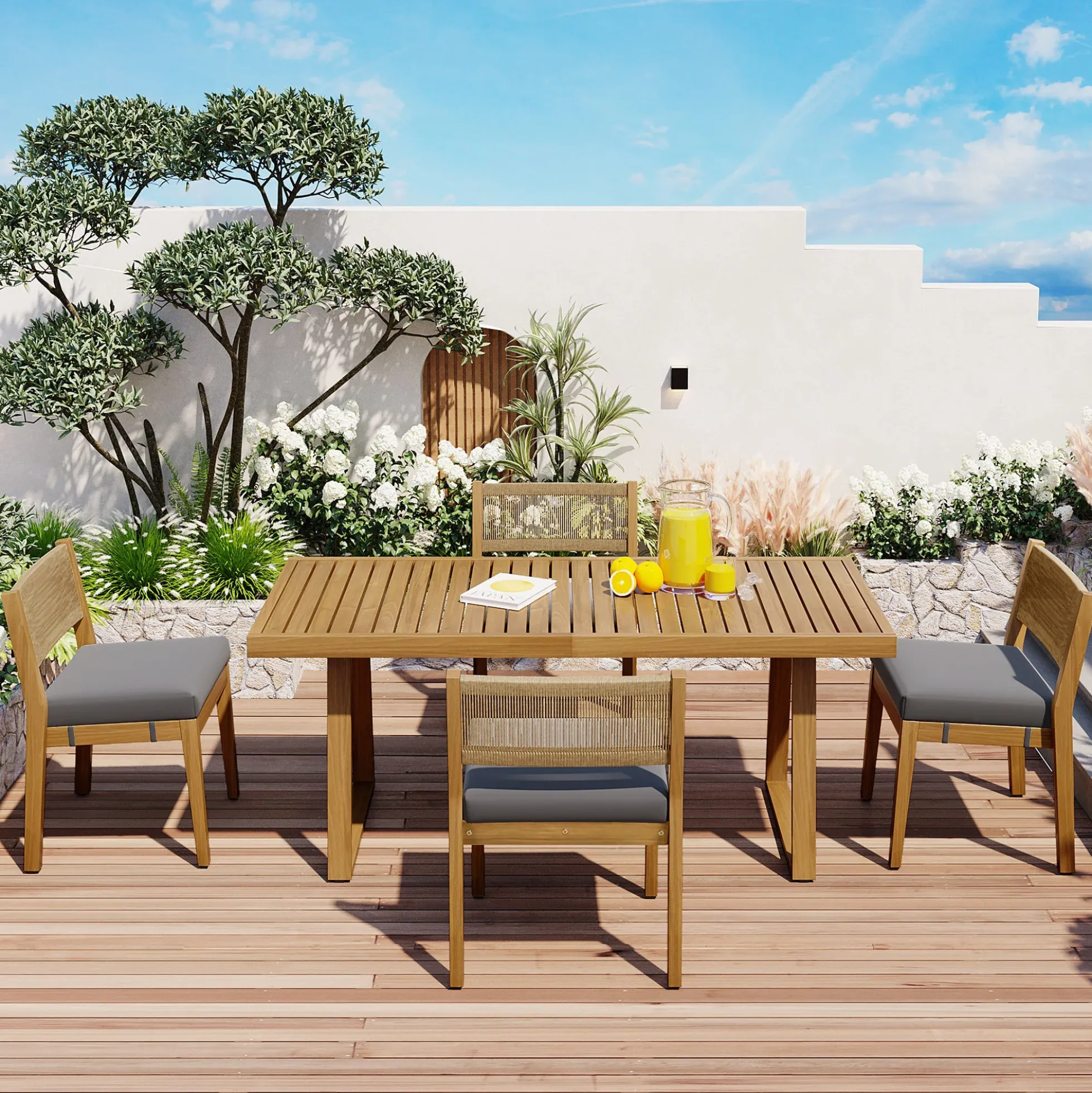 Walker Edison | Outdoor Acacia Wood Dining Table and Chair Set