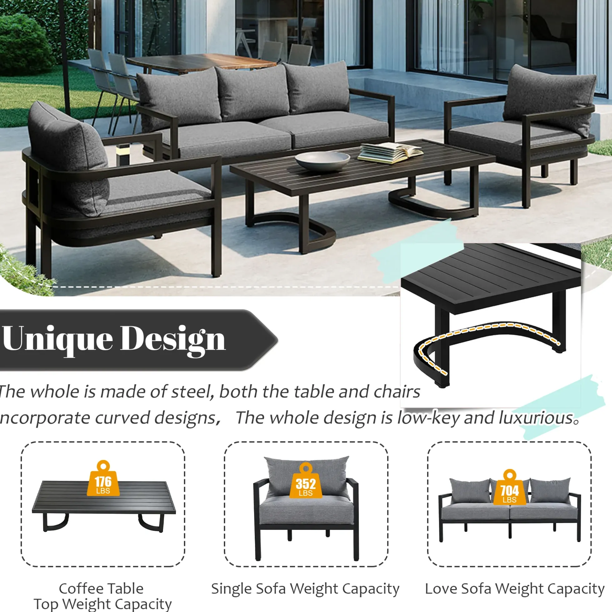 Walker Edison | Outdoor Patio Steel 4 Piece Sofa Set