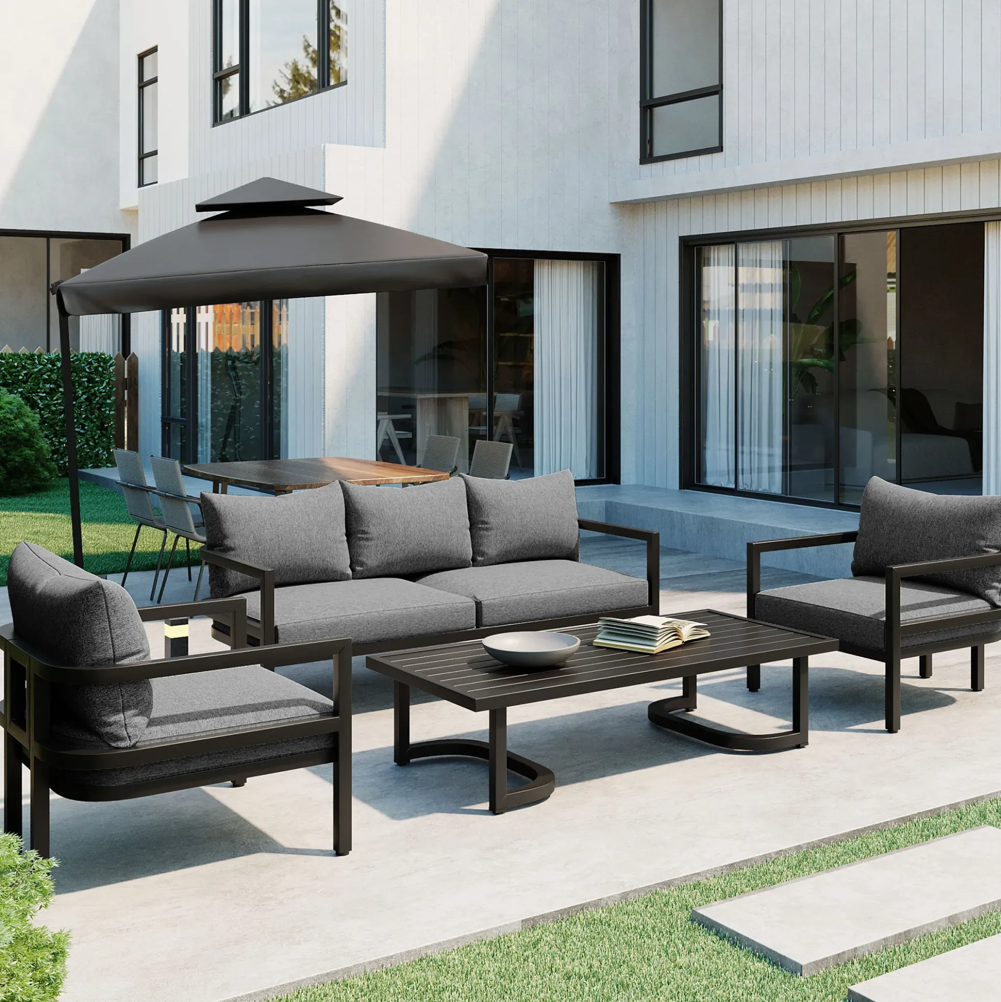 Walker Edison | Outdoor Patio Steel 4 Piece Sofa Set