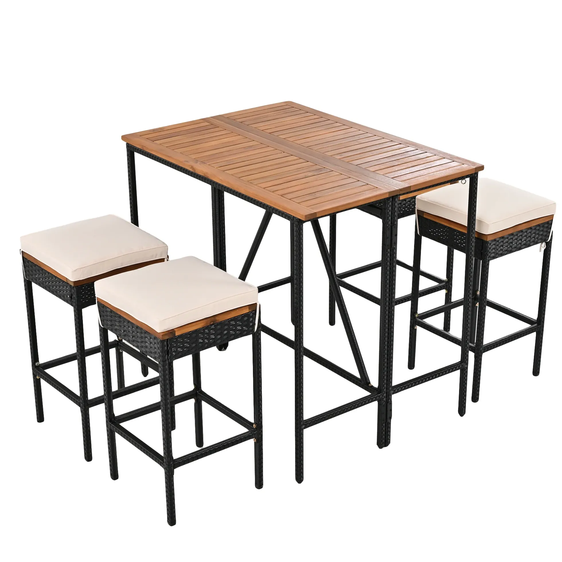 Walker Edison | Outdoor 5-Piece Acacia Wood Bar Height Table And Stool Set