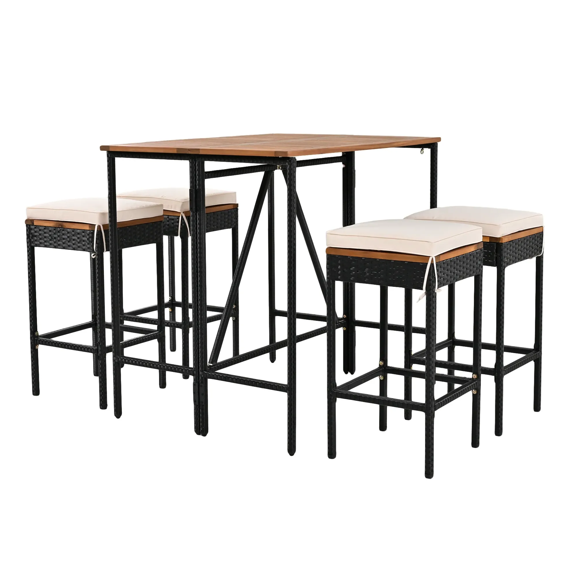Walker Edison | Outdoor 5-Piece Acacia Wood Bar Height Table And Stool Set