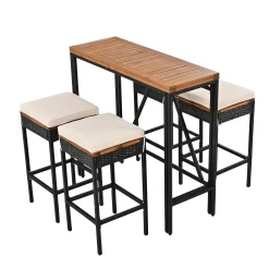 Walker Edison | Outdoor 5-Piece Acacia Wood Bar Height Table And Stool Set