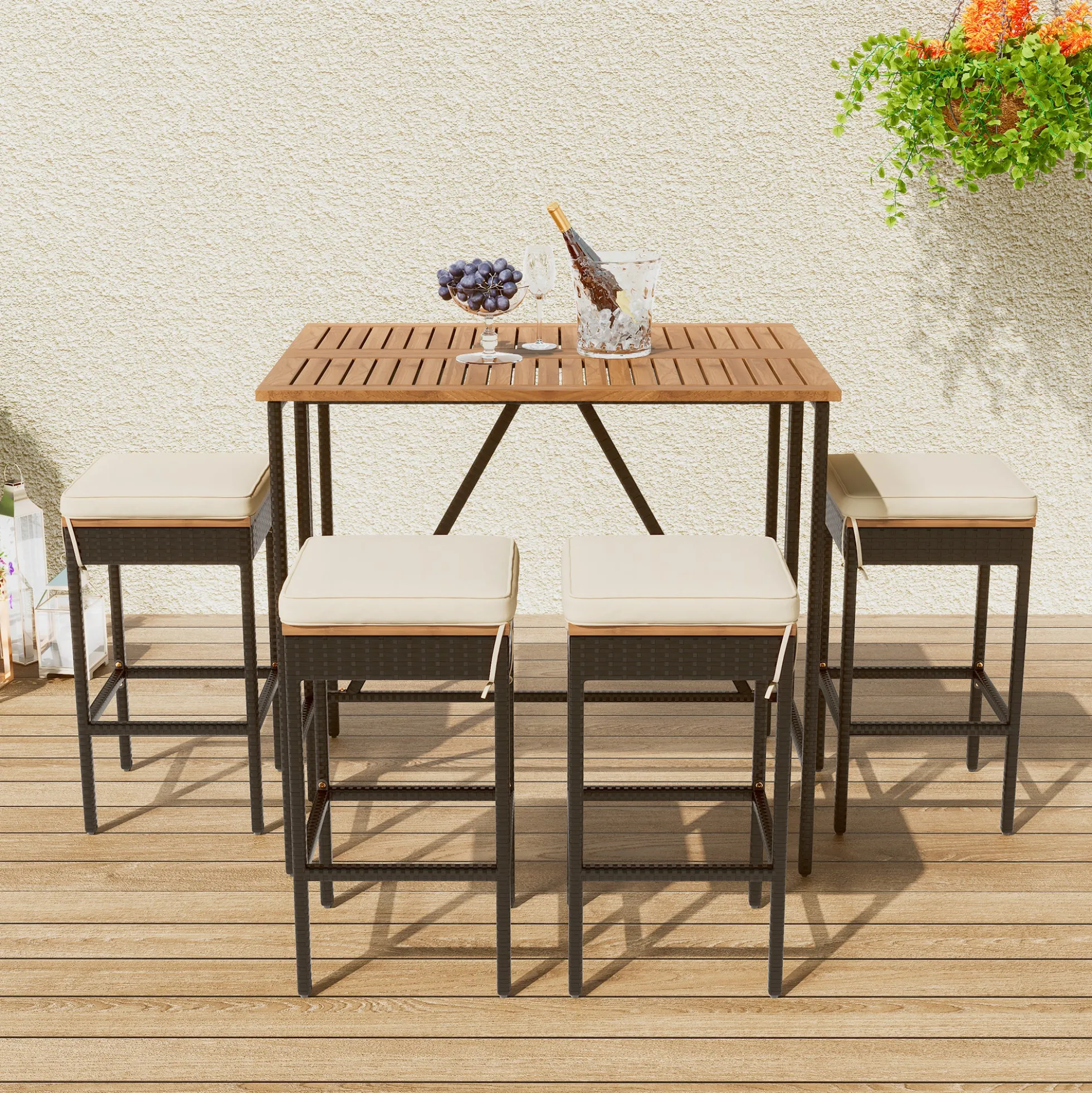 Walker Edison | Outdoor 5-Piece Acacia Wood Bar Height Table And Stool Set