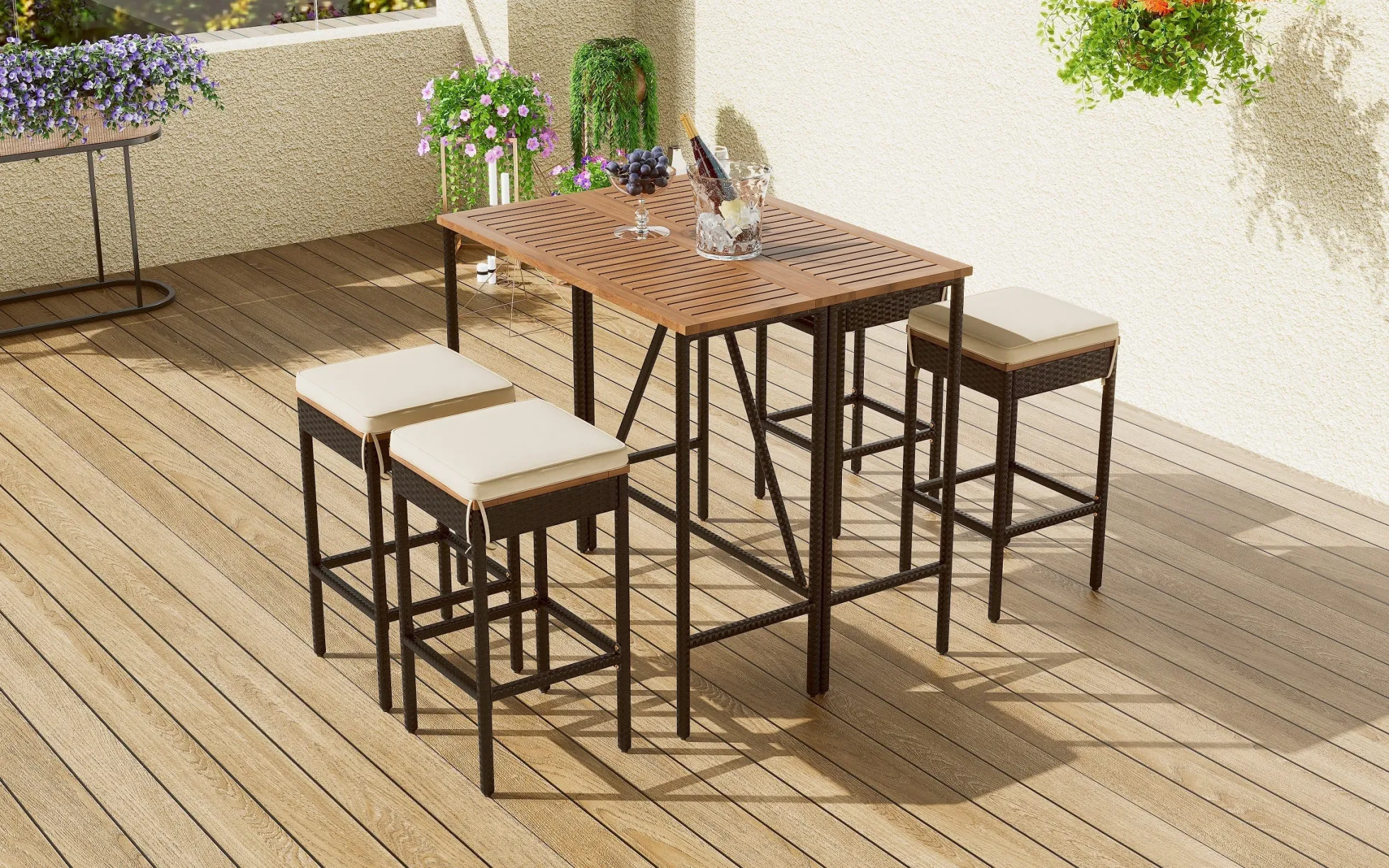 Walker Edison | Outdoor 5-Piece Acacia Wood Bar Height Table And Stool Set