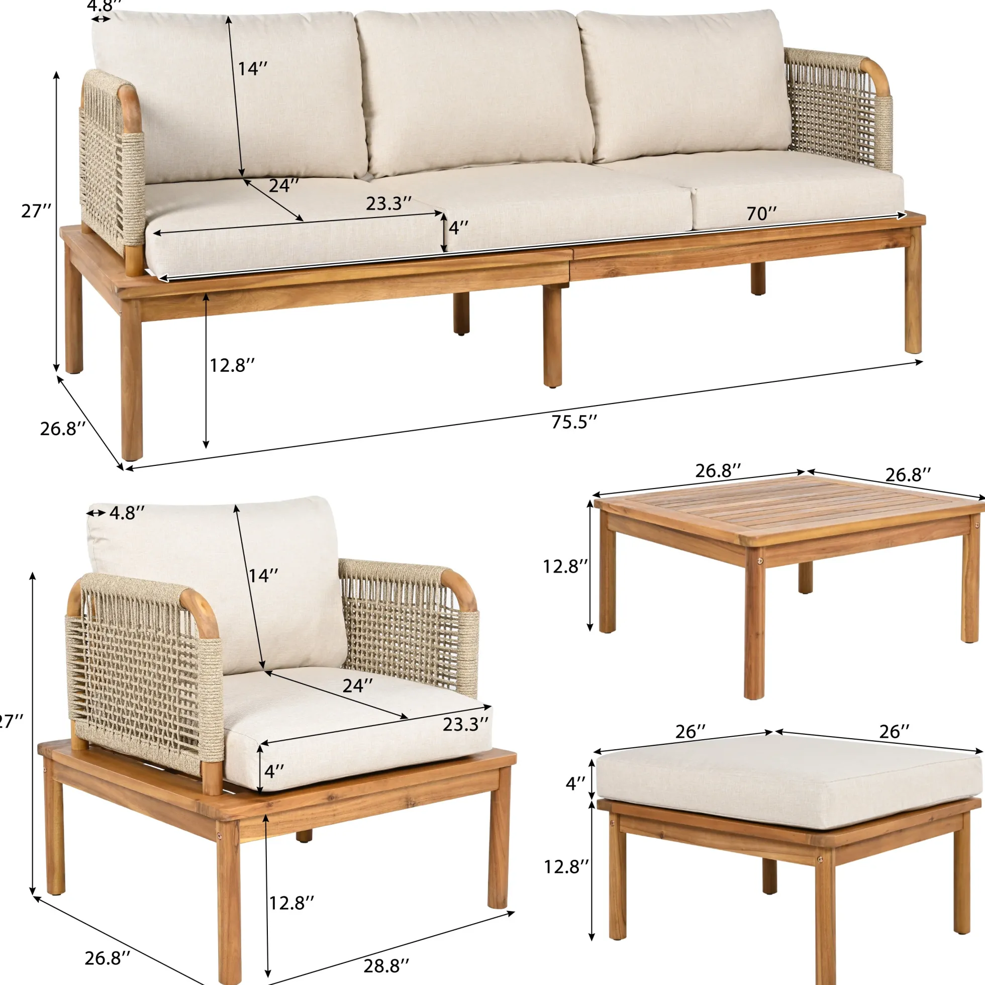 Walker Edison | Outdoor 4-piece Acacia Wood and Rope Patio Sofa Set