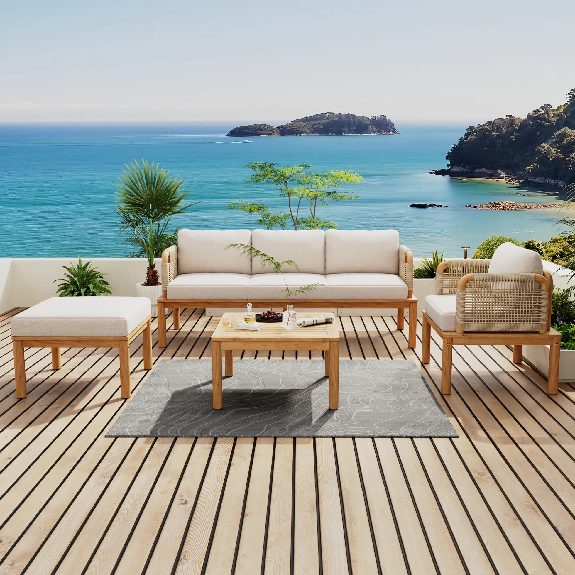 Walker Edison | Outdoor 4-piece Acacia Wood and Rope Patio Sofa Set