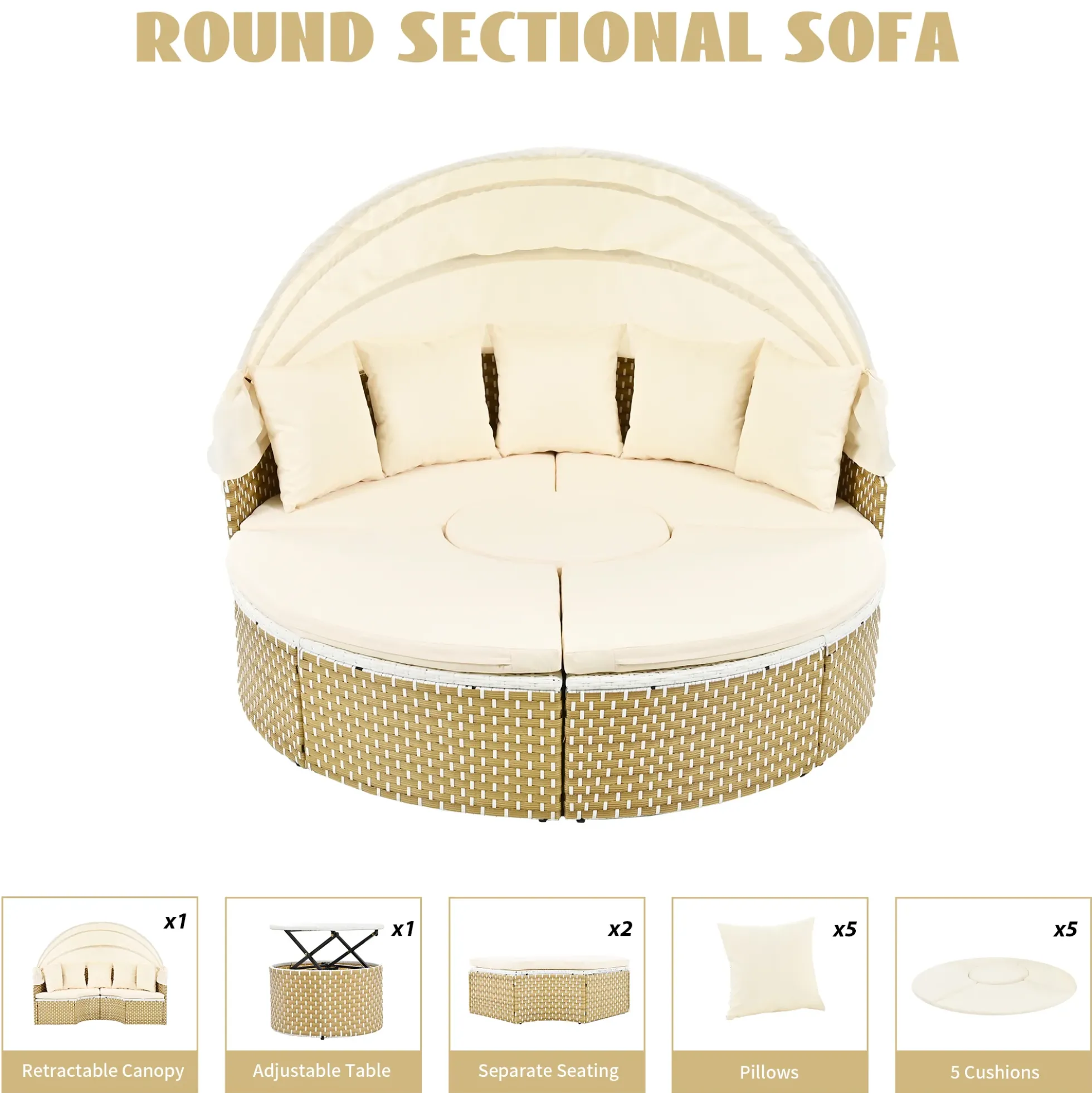 Walker Edison | Outdoor Round Modular Sunbed Sofa Set