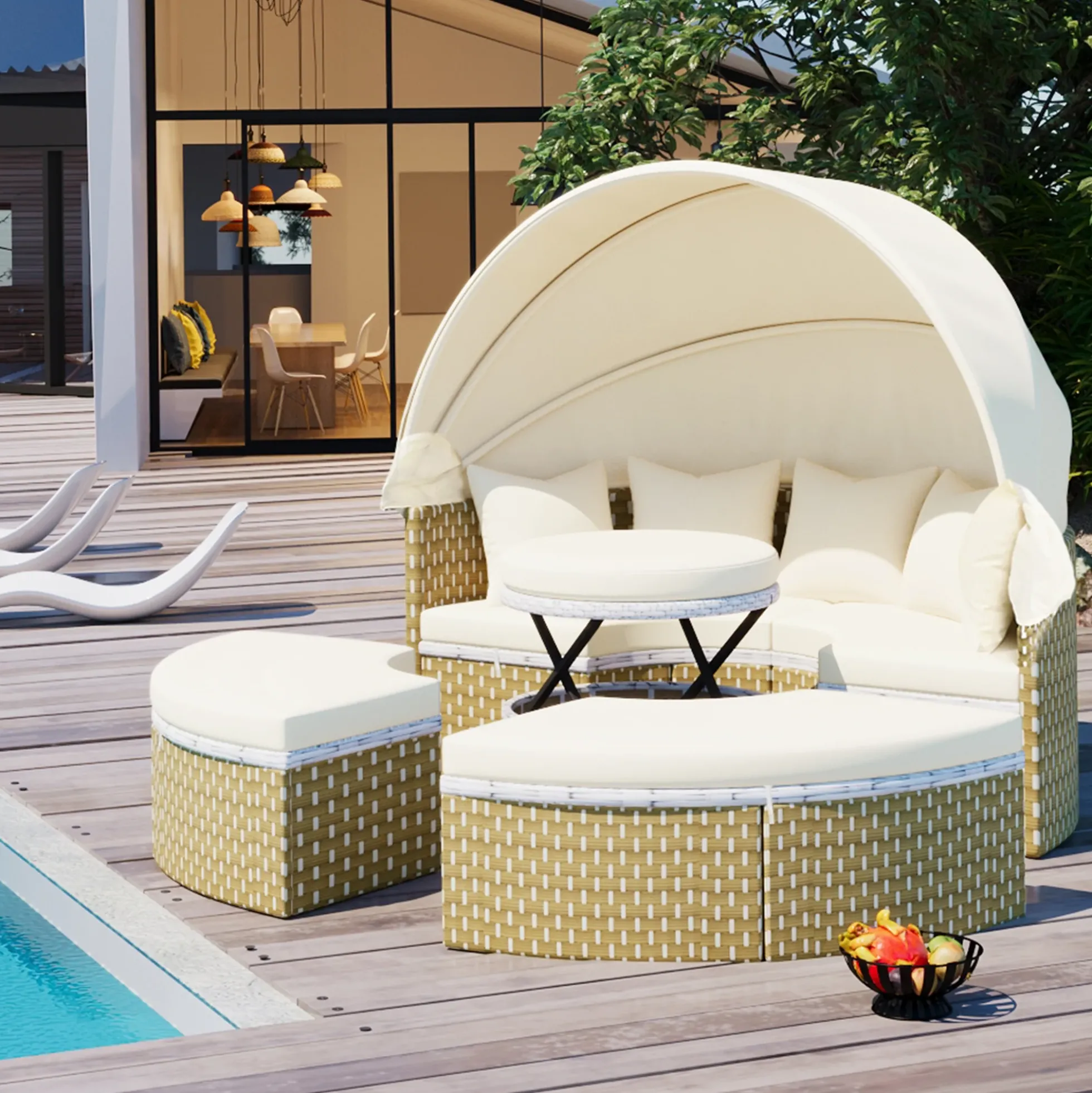 Walker Edison | Outdoor Round Modular Sunbed Sofa Set