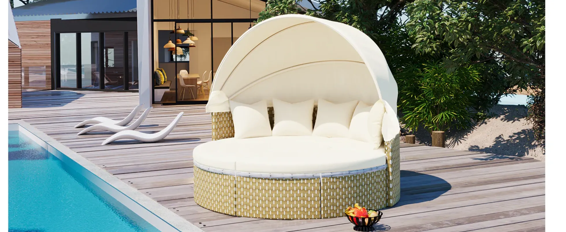 Walker Edison | Outdoor Round Modular Sunbed Sofa Set