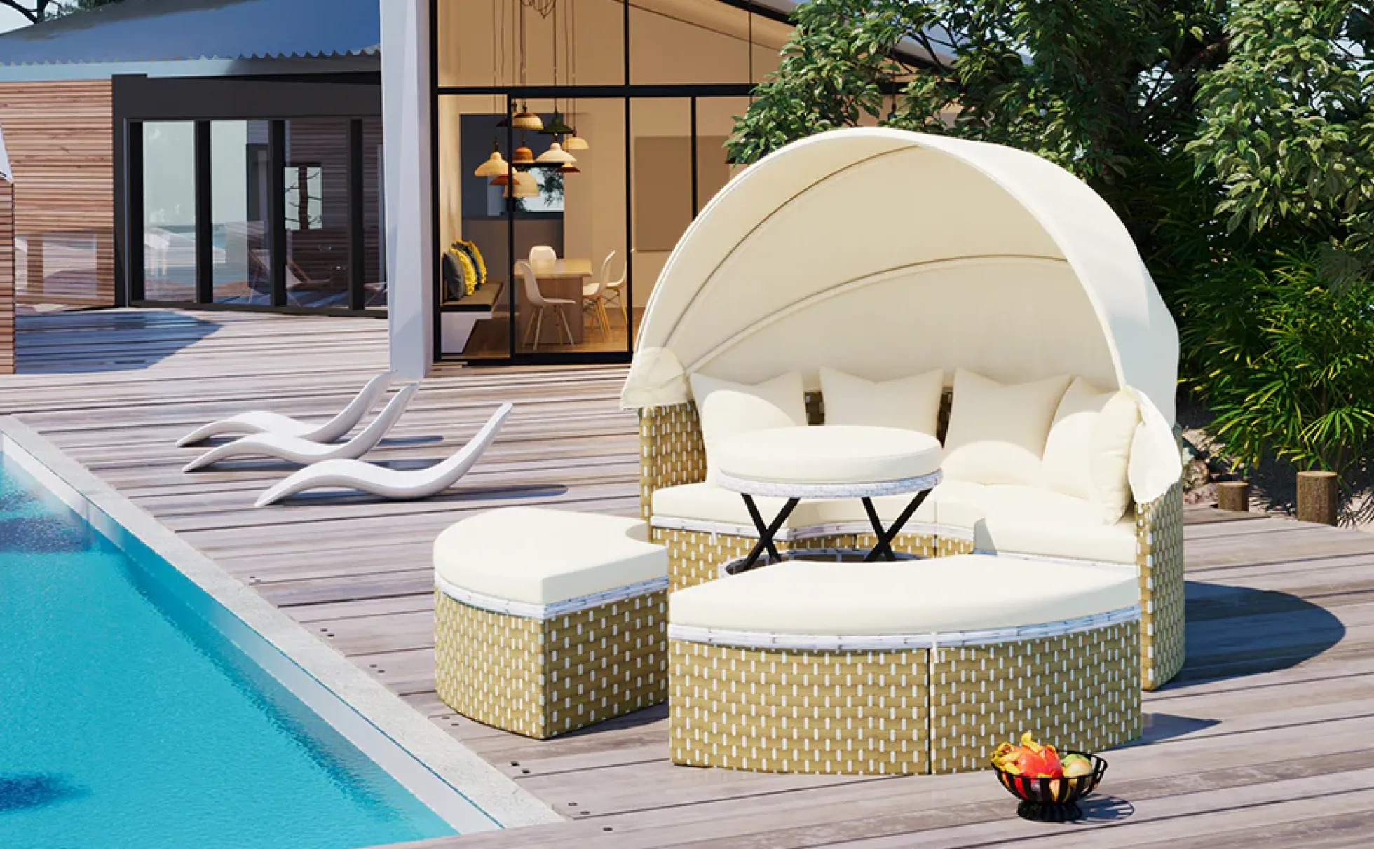 Walker Edison | Outdoor Round Modular Sunbed Sofa Set