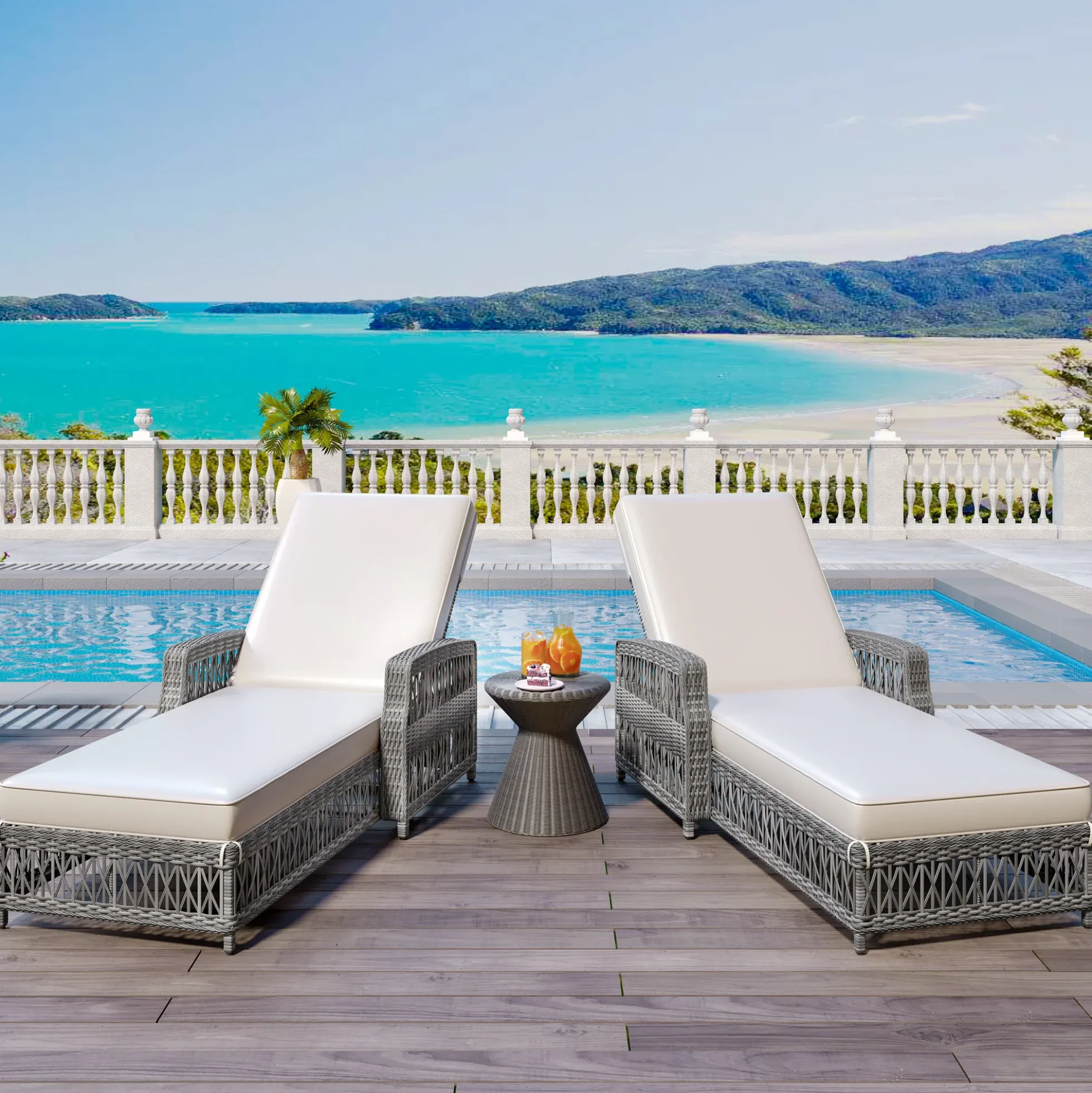 Walker Edison | Outdoor Wicker 2 Piece Lounge Reclining Chairs with Cushions
