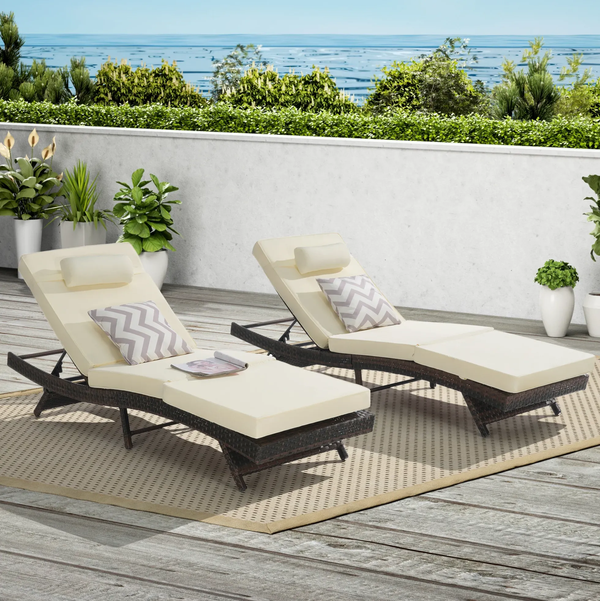 Walker Edison | Outdoor Wicker Long Reclining Chair Set of 2