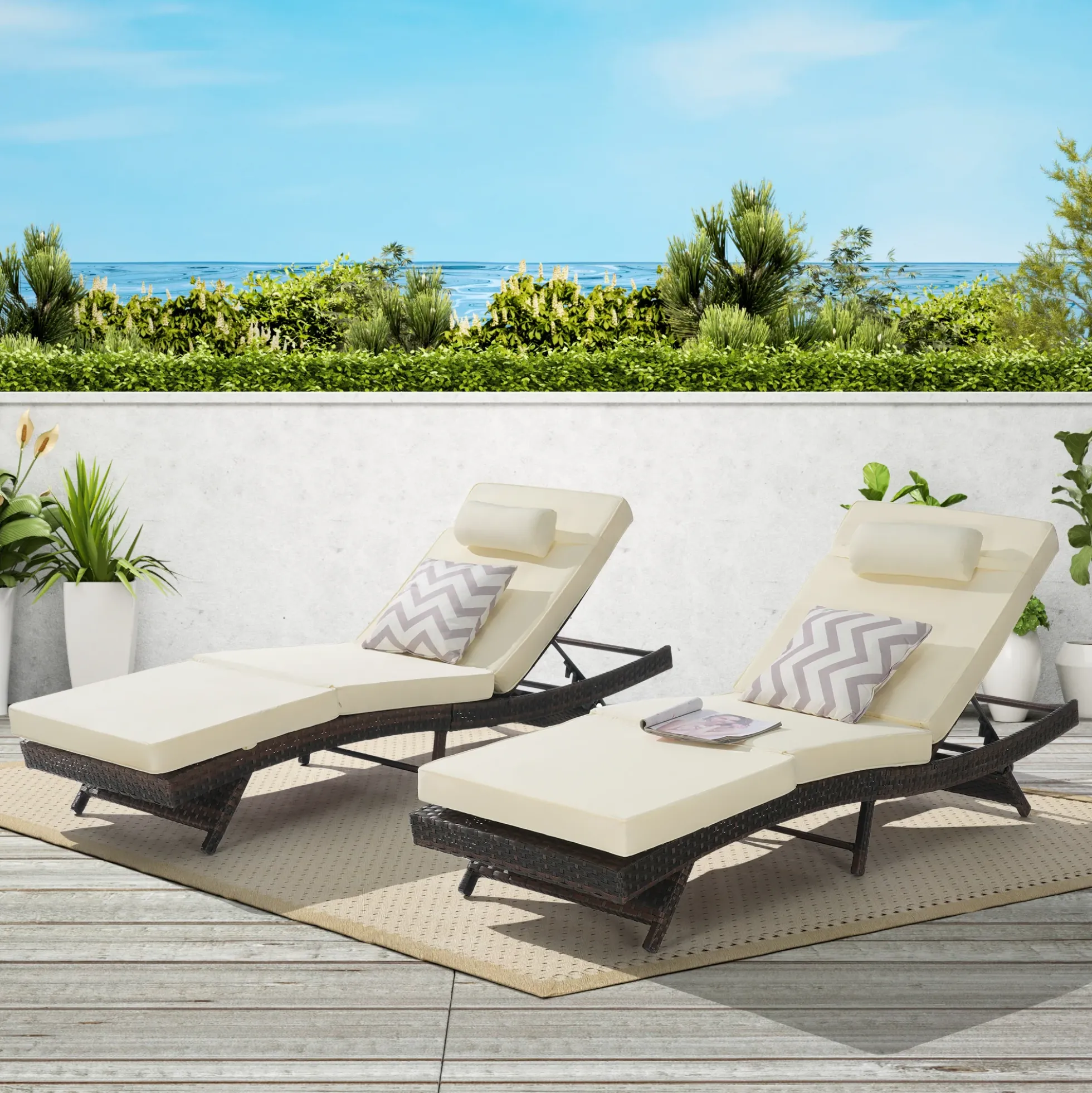 Walker Edison | Outdoor Wicker Long Reclining Chair Set of 2