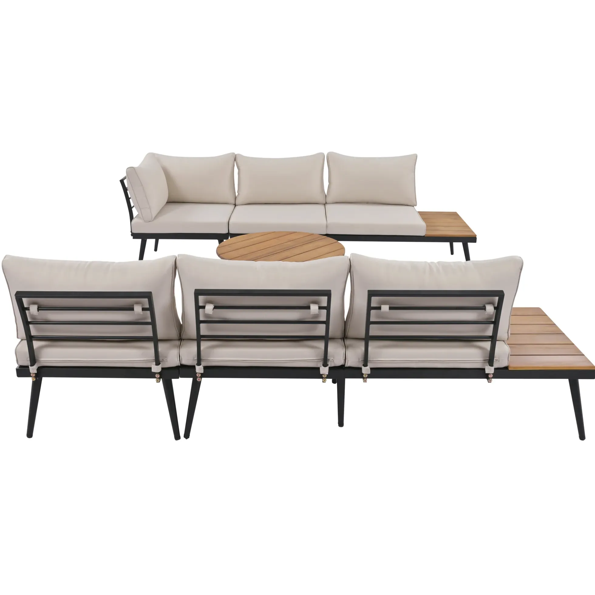 Walker Edison | 6-Piece Outdoor Sectional Sofa Set with Nesting Coffee Tables Beige