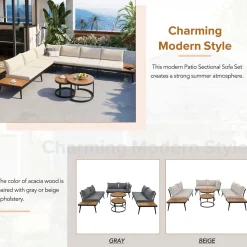 Walker Edison | 6-Piece Outdoor Sectional Sofa Set with Nesting Coffee Tables Beige